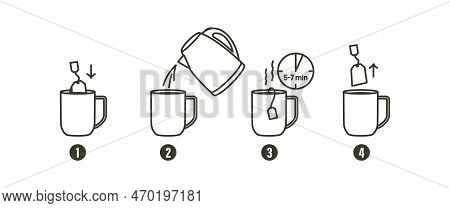 Tea Or Coffee Brewing Instruction. Tea, Coffee Making, Brew Process Icons.