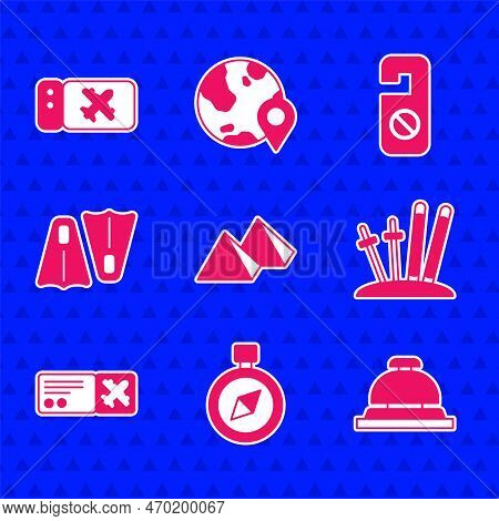 Set Egypt Pyramids, Compass, Hotel Service Bell, Ski And Sticks, Airline Ticket, Rubber Flippers For