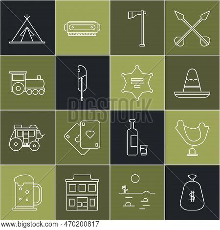 Set Line Money Bag, Wild West Saddle, Mexican Sombrero Hat, Tomahawk Axe, Feather Pen, Retro Train, 