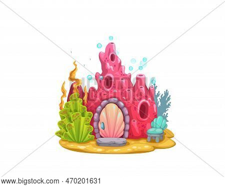 Underwater Cartoon Red Coral House Building. Vector Adorable Princess Mermaid Home, Fairy Tale Dwell