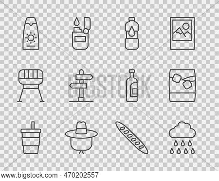 Set Line Paper Glass With Water, Cloud Rain, Bottle Of, Camping Hat, Sunscreen Cream Tube, Road Traf