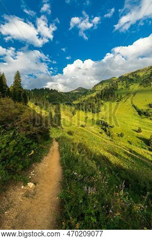 Summer Trail In The Kimasar Gorge With A View Of Mount Furmanov. Popular Weekend Hiking Route In Alm