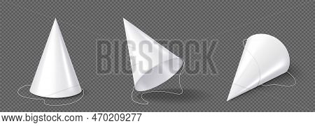 Party Hats, White Birthday Caps Mockup In Different Angle View. Carton Cones With Elastic For Annive