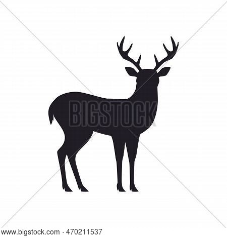Black Silhouette Of Forest Deer Or Reindeer, Vector Illustration Isolated.