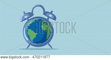 Earth Hour Time To Save The Planet Concept Illustration. Alarm Clock Shapes As Out Blue Earth Announ