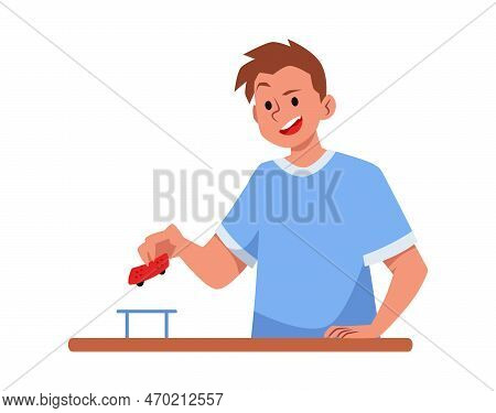 Young Guy Playing Toy Skateboard Or Fingerboard, Vector Illustration Isolated.