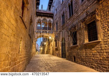 The Historic Barrio Gotico In Barcelona At Twilight With The Pont Del Bispe