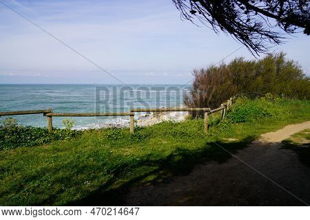 Wooden Fence Pathway In Dune Protect To Beach Sea In Oleron Island Coast Atlantic Ocean In France