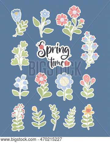 Fowers. Collection Stickers. Spring Time. Vector Illustration. Isolated Botanical Plants And Branche