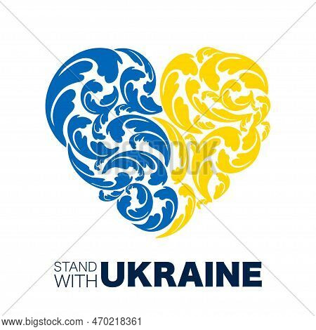 Abstract Floral Leavel Heart Shape With Ukraine National Colors. Stand With Ukraine Traditional Patt