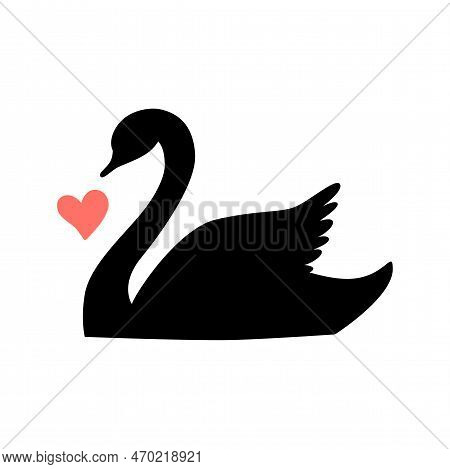 Black Silhouette Swan Largest Flying Bird Swim On Water Cartoon Animal Design Flat Vector Illustrati