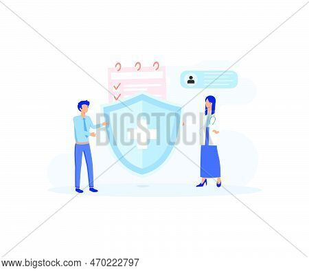 Health Insurance Illustration. Doctor Offering Medical Insurance Policy Contract. Patient Holding In