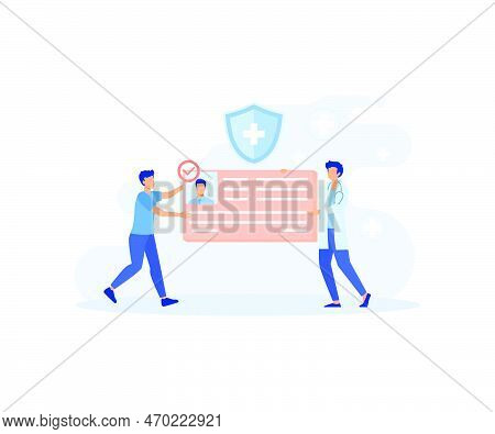 Health Insurance Illustration. Doctor Offering Medical Insurance Policy Contract. Patient Holding In