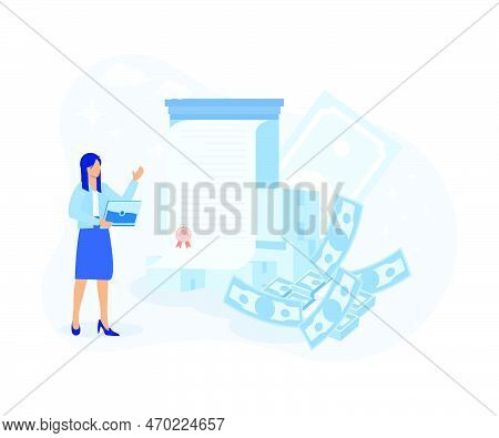 Finance And Investment Illustration. Business Characters Purchasing Bonds Or Stock On Capital Market