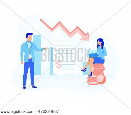 Finance And Investment Illustration. Business Characters Purchasing Bonds Or Stock On Capital Market