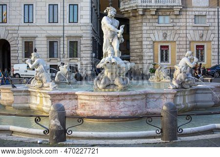 Rome, Italy - October 8, 2020: Fontana Del Moro (moor Fountain) Located In Piazza Navona. Designed I