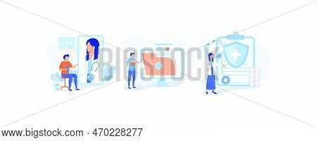 Medical Illustration Set. Doctor In Hospital Presenting Patients Emrs, Health Insurance And Other On
