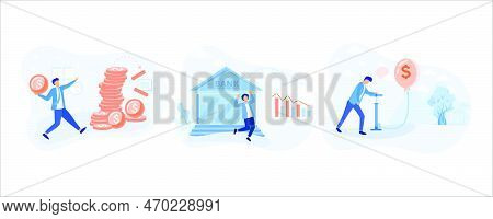 Financial Crisis Illustration Set. Characters Suffering From Financial Loss, Economical And Investme