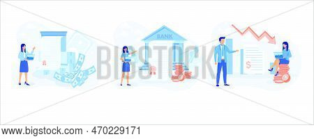 Finance And Investment Illustration Set. Business Characters Purchasing Bonds Or Stock On Capital Ma