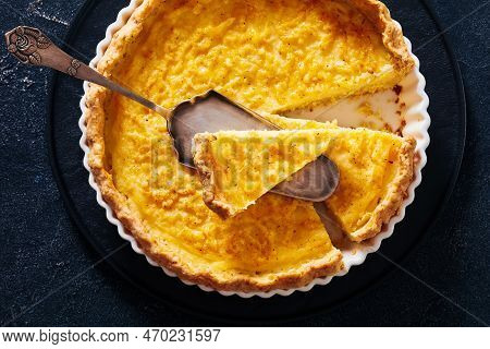 Chess Pie Pairs A Traditional Butter Pie Crust With A Sweet, Custardy Filling In White Baking Dish O