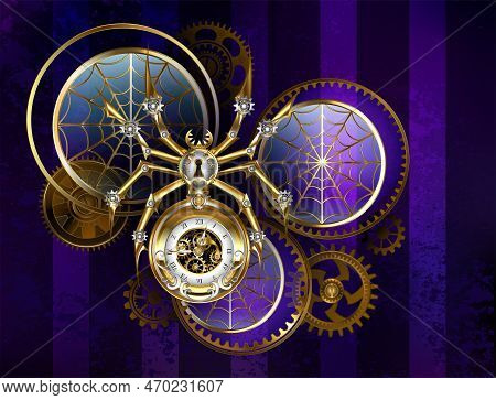Steampunk Spider Made Of Gold And Steel With Antique Watches Decorated With Gold Gears On Purple, St