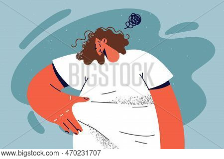Unhappy Overweight Woman Touch Fat On Belly Struggle With Weight Problems. Upset Obese Girl Stressed
