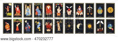 Major Arcana Tarot Cards. Occult Deck For Divination With Chariot, Fool, Magician And Wheel Of Fortu