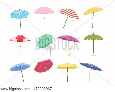 Cartoon Beach Umbrella. Sun Protective Outdoor Large Parasols With Stripes, Summer Sunshade Isolated