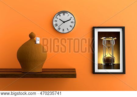 Indian Piggy Money Bank Gullak With Rupee 100 Note, Wall Clock And Photo Frame - 3d Illustration Ren