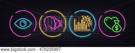 Eye, Coronavirus Statistics And Face Id Minimal Line Icons. Neon Laser 3d Lights. Donation Icons. Fo