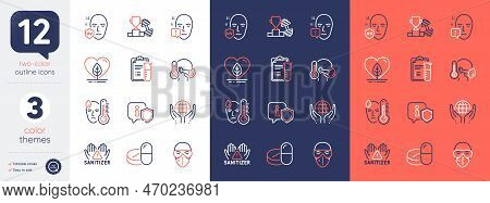 Set Of Medical Drugs, Medical Analyzes And Sick Man Line Icons. Include Organic Tested, Local Grown,