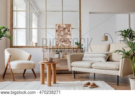Stylish Compositon Of Modern Living Room Interior With Frotte Armchair, Sofa, Plants, Wooden Commode