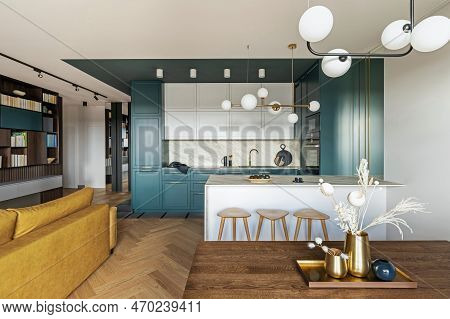 Luxury Modern And Vintage Turquoise Interior. Marble Kitchen Island With Wooden Chockers. Brown Wood