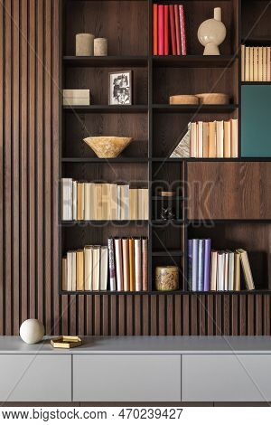 Modern Bookcase In Lamells Wall. Grey Chest Of Drawers. Bookcase A Lot Of Books And Accessories. Her