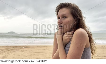 Portrait Of Unhappy Depressed Frozen Trembling Girl, Young Shivering From Cold Sad Upset Woman On Th
