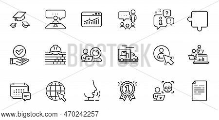 Outline Set Of Interview Job, People Chatting And Puzzle Line Icons For Web Application. Talk, Infor