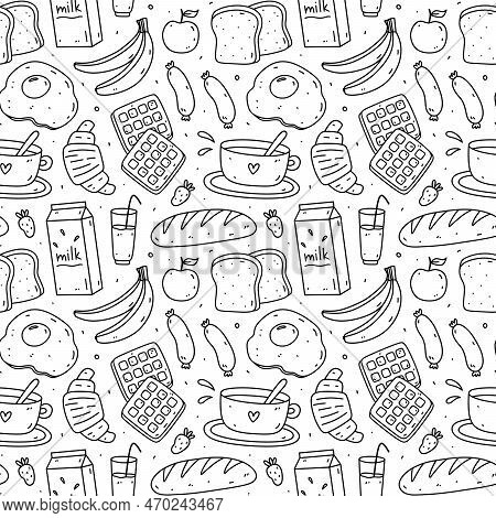 Cute Seamless Pattern With Breakfast Food - Toasts, Fried Egg, Sausages, Coffee, Croissants, Waffles