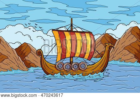 Viking Boat At Sea With Fjord. Swedish Wooden Warship. Longship With Oars. Cartoon Historic Scandina