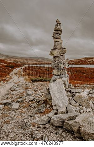 Autumn Mountain Landscape Of Rondane National Park In Norway, Trail From Smuksjøseter Fjellstue To P