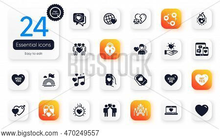 Set Of Love Flat Icons. Love, Divorce Lawyer And Kiss Me Elements For Web Application. Miss You, Dat