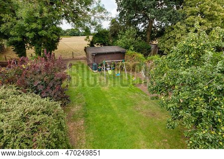 Ditton Green, Suffolk, England - July 24 2018: Looking Down On Landscaped Gardens With Spring