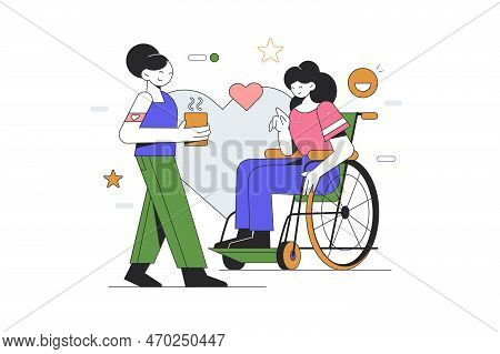 Help For People With Disabilities, Vector Illustration. Volunteer Assistance To People With Limited 