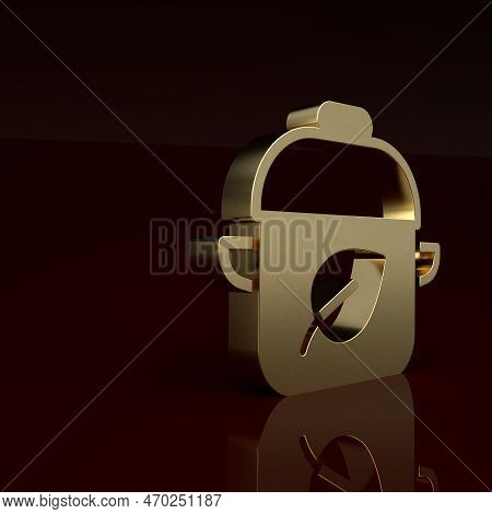 Gold Vegan Food Diet Icon Isolated On Brown Background. Organic, Bio, Eco Symbol. Vegan, No Meat, La