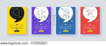 Set Of Report, Click Hand And Puzzle Line Icons. Poster Offer Frame With Quote, Comma. Include Hamme