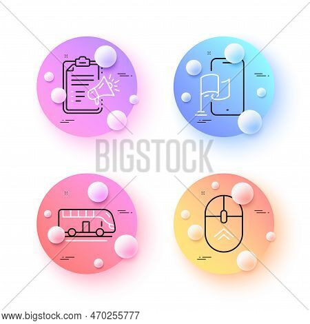 Location App, Swipe Up And Bus Tour Minimal Line Icons. 3d Spheres Or Balls Buttons. Megaphone Check