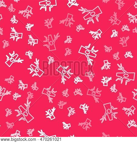 White Line Bare Tree Icon Isolated Seamless Pattern On Red Background. Vector