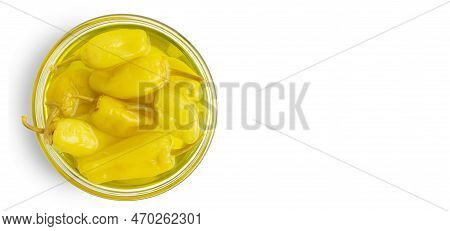 Pickled Yellow Pepper, Pepperoncini Or Friggitelli In Bowl Isolated On White Background. Hot Pepper 