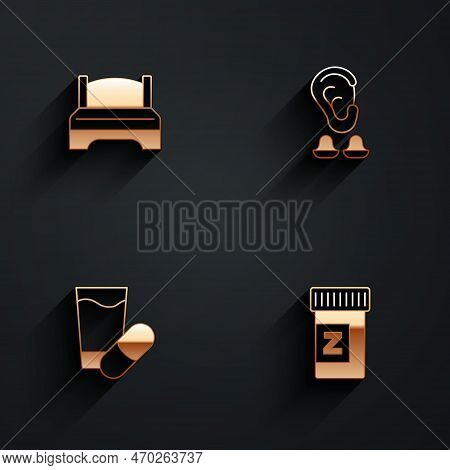 Set Big Bed, Earplugs And Ear, Sleeping Pill And Icon With Long Shadow. Vector