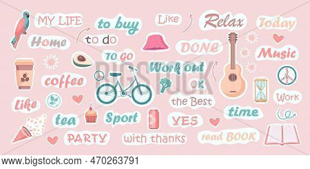 Set Of Sticker Words For Planner Journal Diary School Notebook Scrapbook And Weekly Calendar. Vector