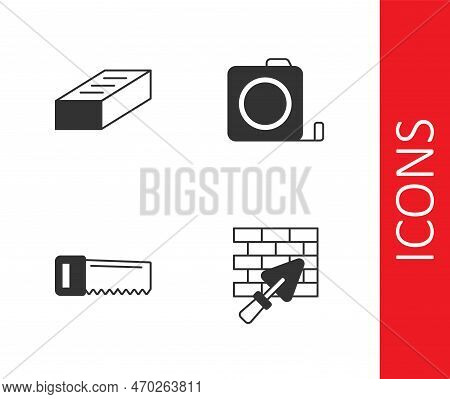 Set Brick Wall With Trowel, Hand Saw And Roulette Construction Icon. Vector